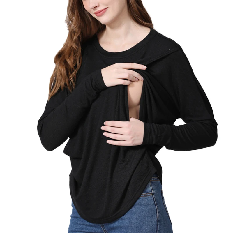 New Maternity Clothes Womens Longsleeve Crew Neck Solid Color Nursed Tops Casual T Shirt For Breastfeeding