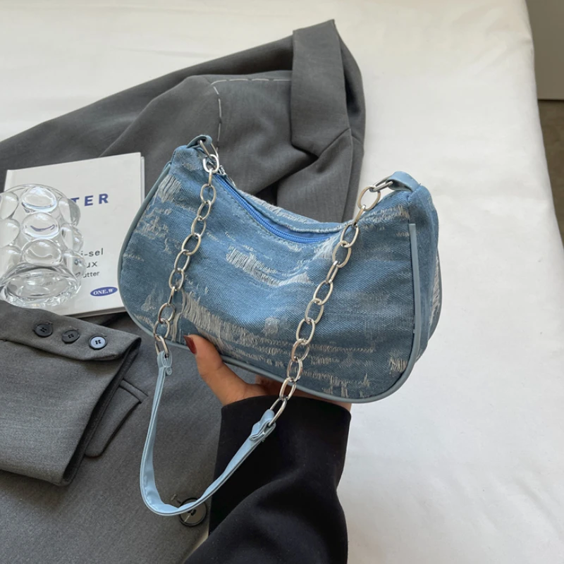 

Retro Design Women's Chain Shoulder Bag Soft Denim Female Underarm Bag Handbags Fashion Ladies Small Square Tote Purse Bags