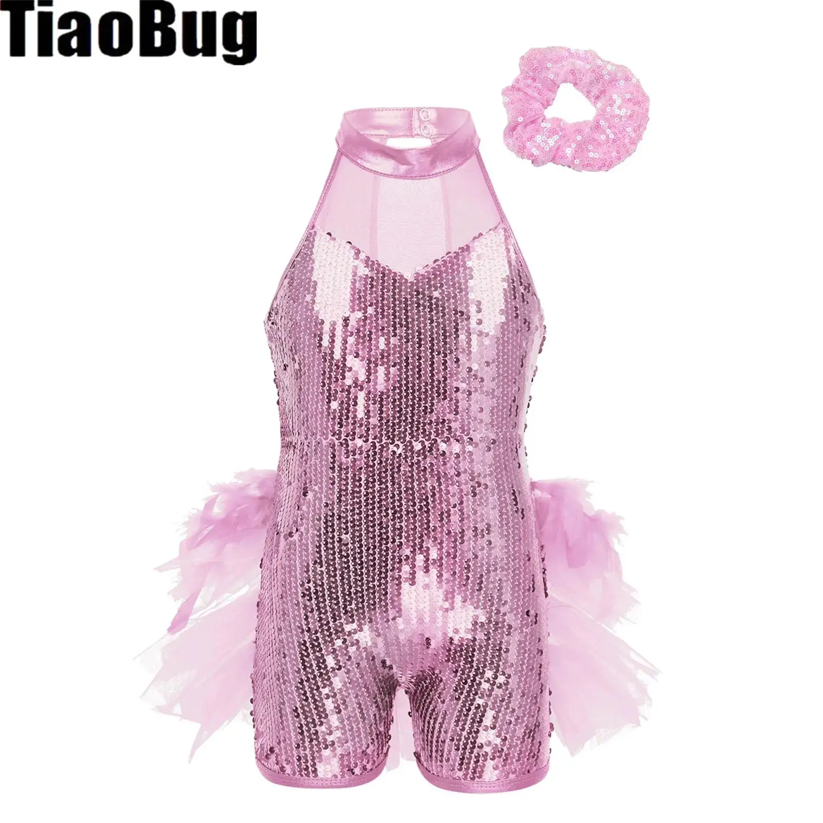 

Kids Girls Sequins Jazz Leotard Latin Dance Costume Sleeveless Mock Neck Sequins Leotard with Hair Tie Headwear