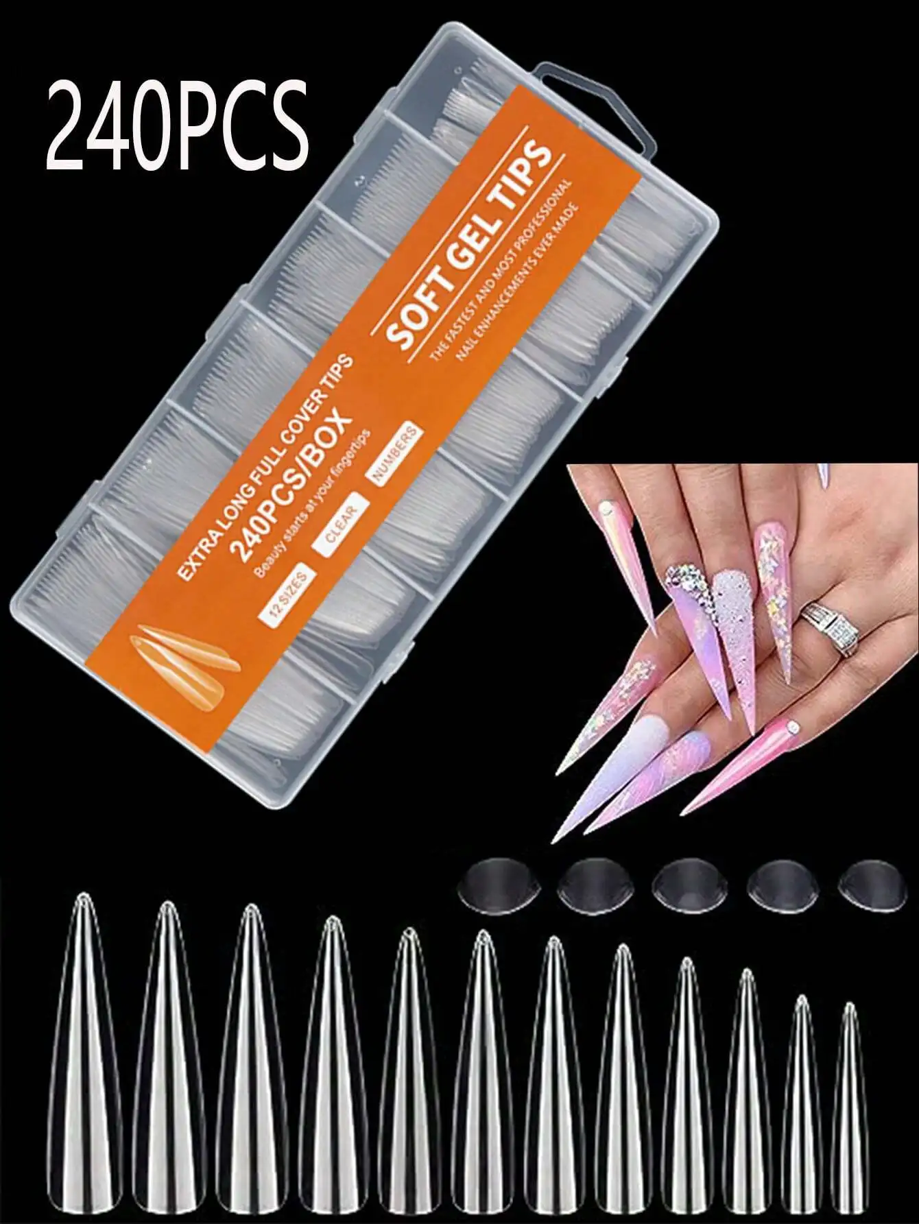 

240pcs Full Cover Transparent Acrylic False Nail Tips Set, 12 Sizes French Manicure Artificial Nails. For DIY Home Nail Salon & Soft Tube Press-On Nails. Nail Art Supplies.