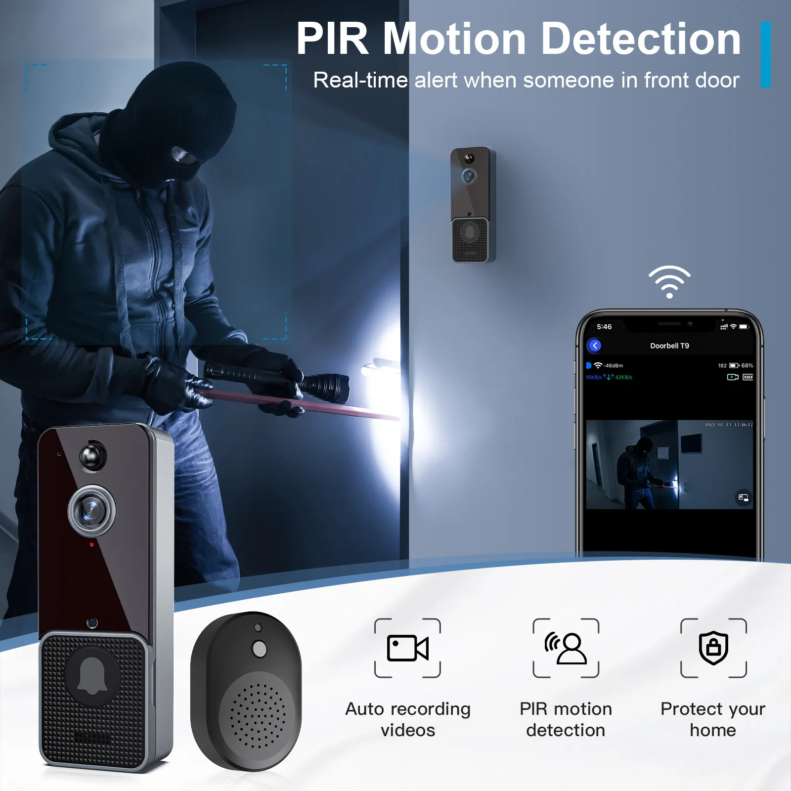 Smart HomeT6 Smart Wireless WiFi Video Doorbell Outdoor Door Bell Intercom HD Night Vision Motion Detection Security Protection