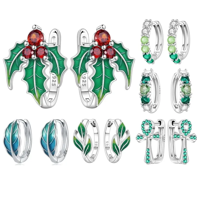 

MISEFF 2025 925 Sterling Silver Christmas Holly Leaves Earrings Hoop Earrings For Women Girls Birthday Party Gifts Jewelry