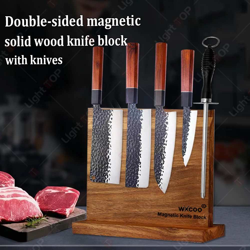 Handgeschmiedetes Küchenkochmesser aus massivem Holz, magnetischer Messerhalter, doppelseitiges Küchenmesser, Aufbewahrungsregal, japanisches Santokusmesser