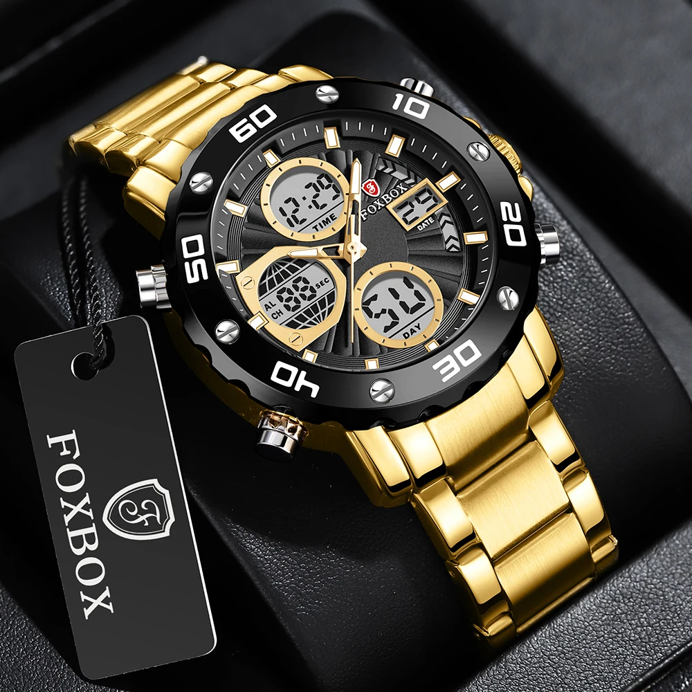 FOXBOX Top Design Sport Mens Quartz Watches Steel Starp Waterproof Lume Chronograph Auto Date Week LIGE Males Clock reloj hombre