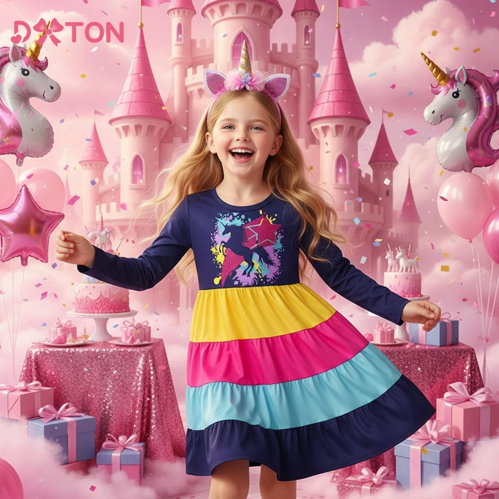 

DXTON Children Castle Party Outfit Unicorn Todder Girls Casual Dress Colorful Contrasting Amusement Park Kids Dress Clothing