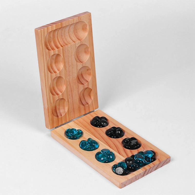 Foldable Wooden Mancala Board Game For Ages 7+ Multi-Color Beads Classic Strategy Game For Family, Party, And Travel