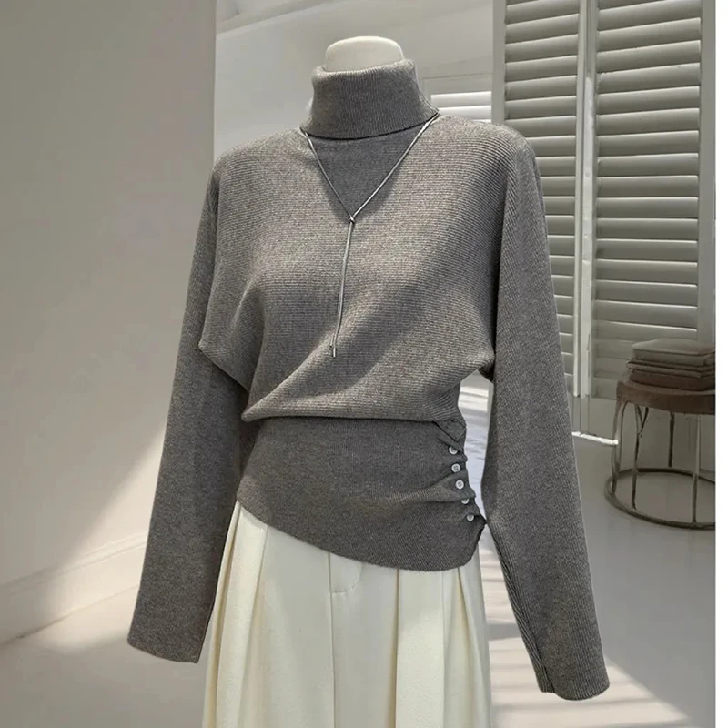 

Винтажный вязаный свитер с высоким воротником, женский облегающий плиссированный однотонный пуловер с длинным рукавом, простые офисные женские корейские джемперы