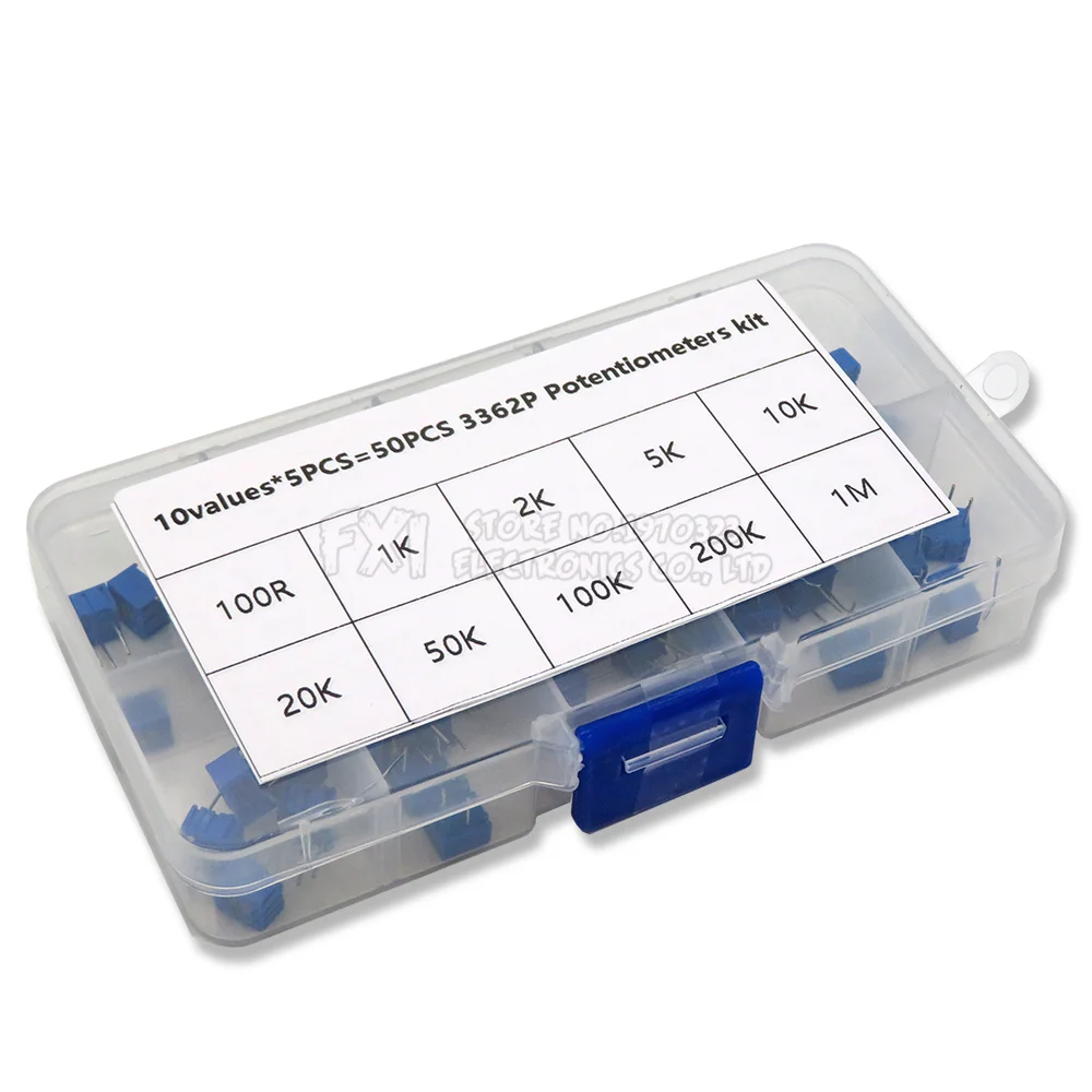 50PCS 10values*5PCS 3362P Multiturn trimming potentiometers kit 500R-1M 3362 Potentiometer 500 ohm-1M ohm