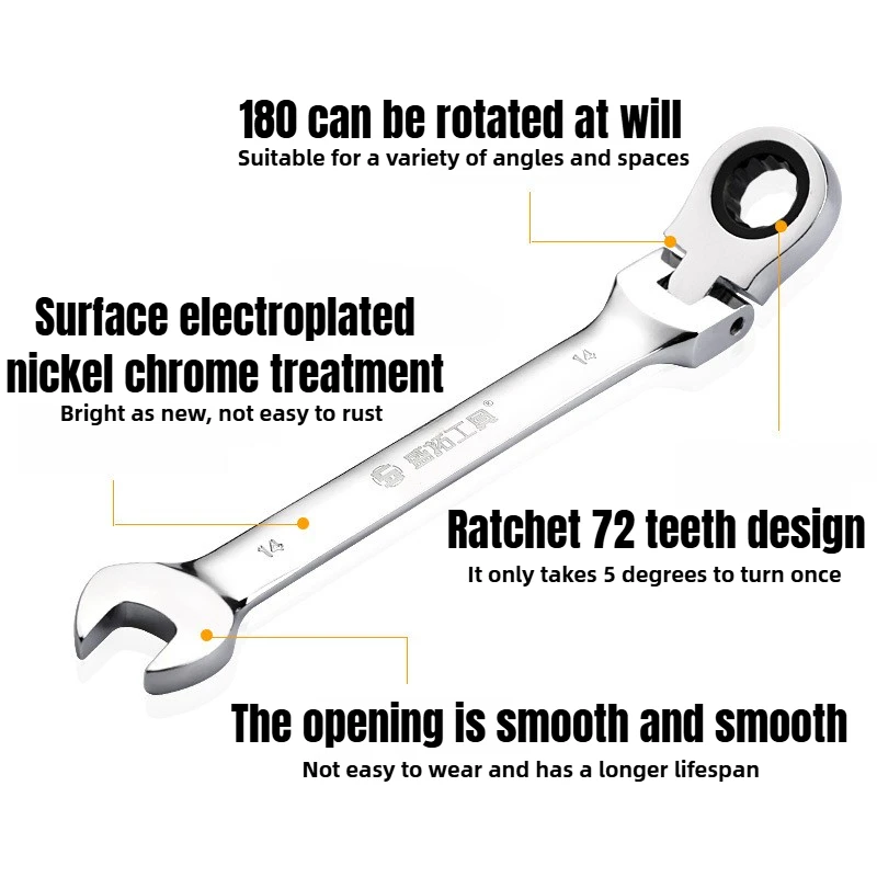 Ratchet Wrench of Spanner Set Hand Tool 72-Tooth Ratcheting 180° Rotation Car Repair CR-V Chromium Steel Combination Wrenches