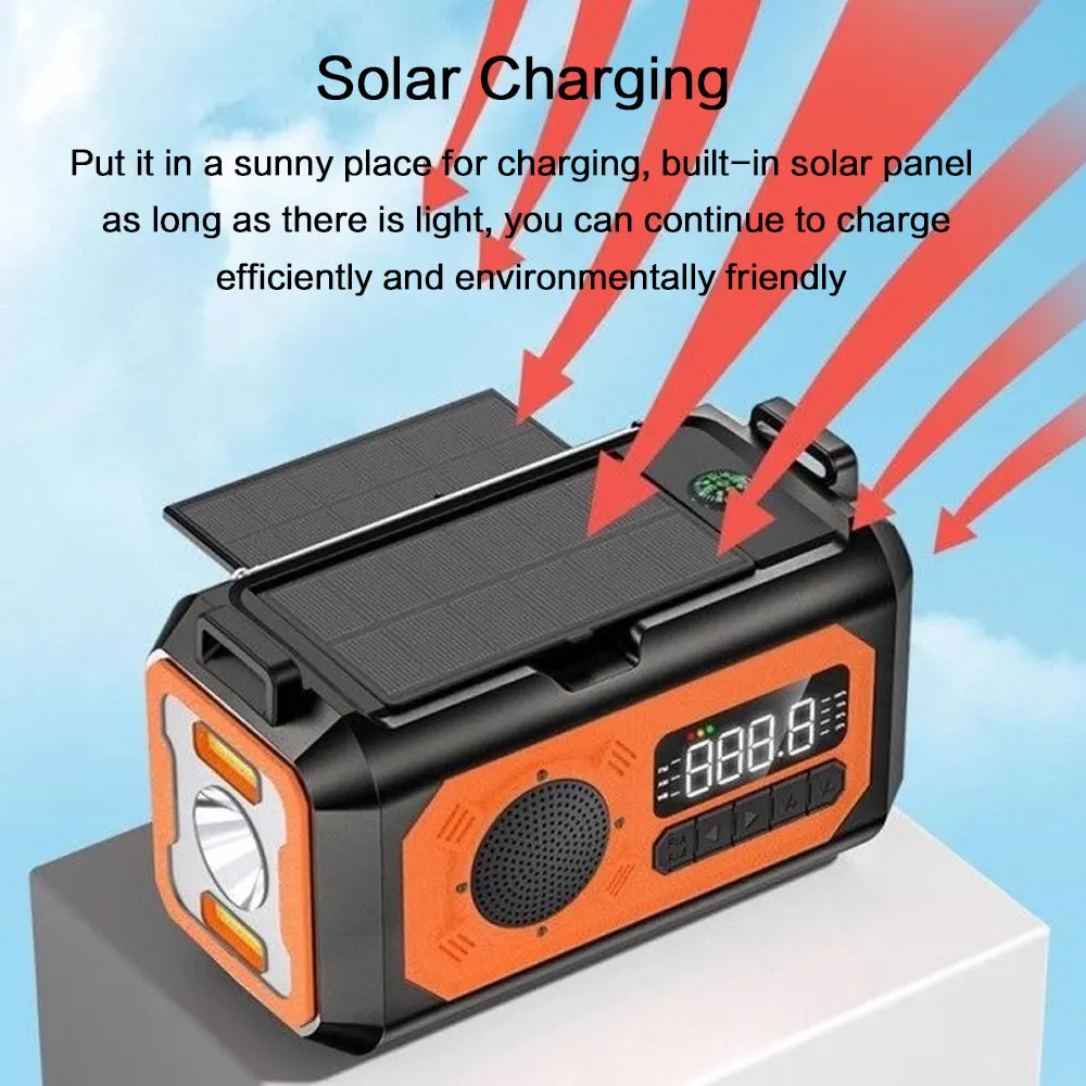 C2 Portable Emergency Light Radio Reading Lamp Flashlight for Outdoor Camping 12000mAh AM/FM/NOAA Weather Radio Solar Hand Crank
