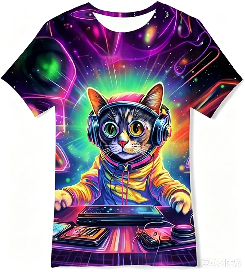 Neon Hip-Hop Cat 3D Print Men's TShirt Party Carnival Round-neck Quick-Dry Breathable Hip-Hop Street Trendy Family Space T-Shirt
