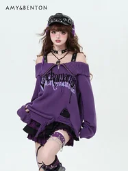 Gothic Letter Print Off Shoulder Ripped Sweater Women Subculture Girl Black Purple Lapel Sweaters Autumn Winter Harajuku Jumper