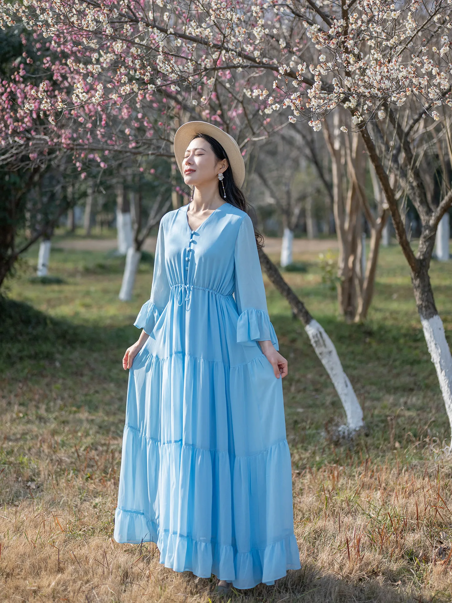 

TIYIHAILEY Womens Summer Spring Full Flare Sleeve Blue Dresses High Waist S-L Ruffles Chiffon 2026 New Fashion V-Neck