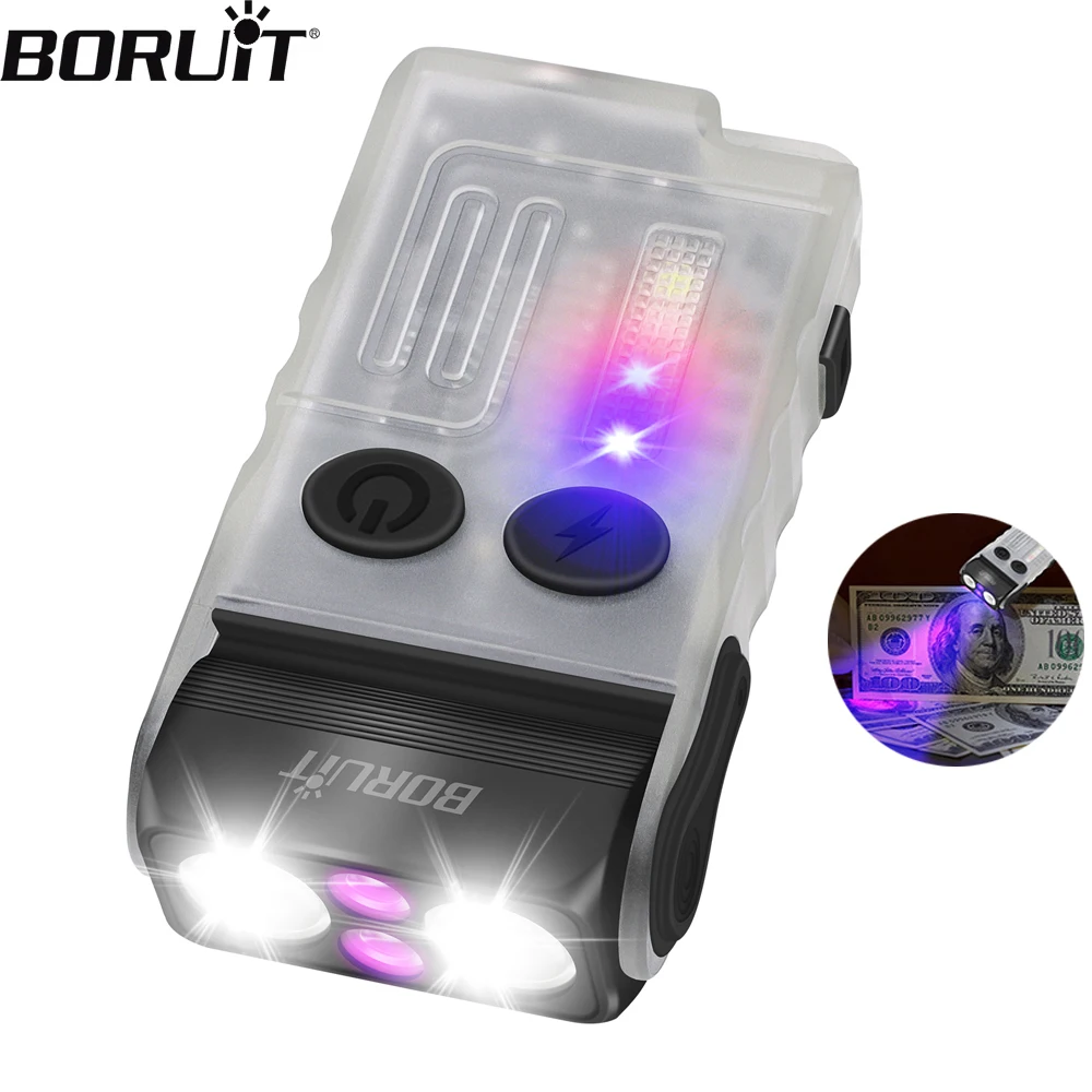 BORUiT V20-1 EDC-Taschenlampe, 1000 lm, Typ C, wiederaufladbar, 365 nm UV-Taschenlampe, Schwanz, magnetisch und Piepton, 13 Modi,