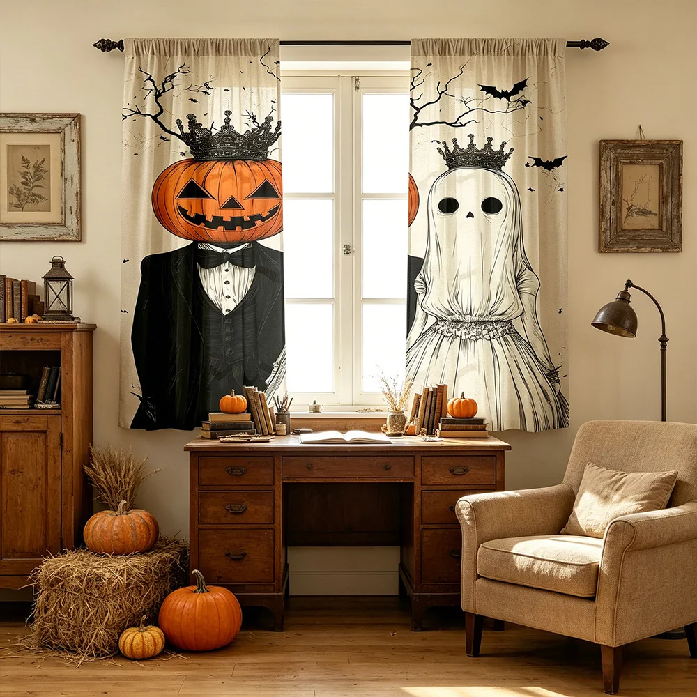 2PCS printed curtains, pumpkin head groom ghost bride crown bat dead branch pattern, retro Halloween wedding style
