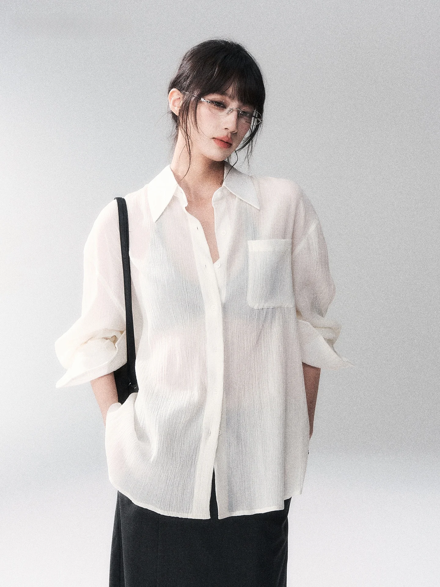 

JOURJOUR Loose Fit Pure Cotton Long Sve irt Transparent Imitation Gauze Sle Casual Faion Breathable Comfortable