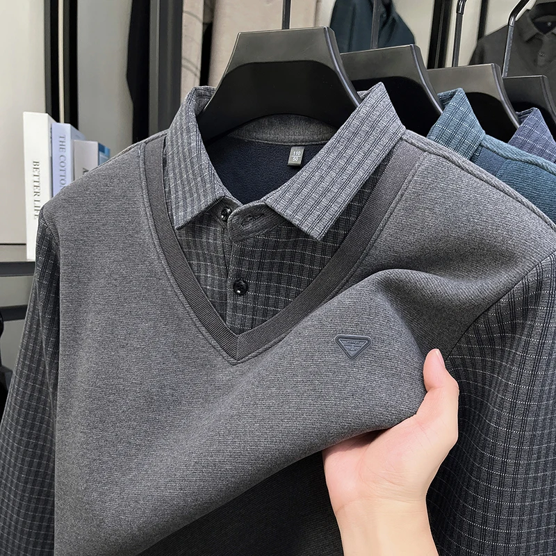 

Fashion fake two pieces men's lapel sweaters high-end brand triangle embossed personality checkered business casual new pullover