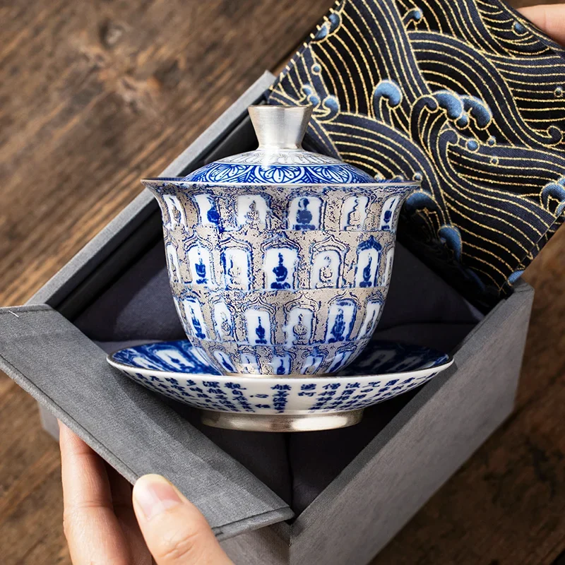 Ceramics Gilded Silver Buddhas Gaiwan Dragon Handmade Household Kung Fu Tea Set Tea Bowl Cup Tureen Pot Gift Box