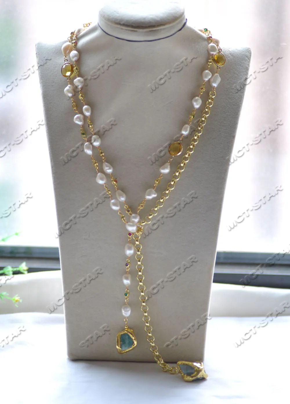 

Z12812 48'' White Baroque Pearl CZ Gold Plated Chain Necklace Aquamarine Pendant