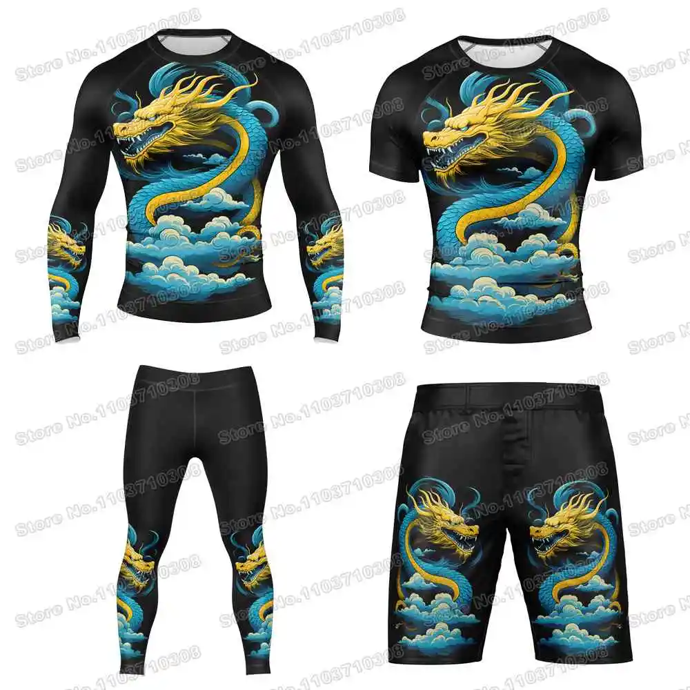 BLUE DRAGON WWF Rash Guards Surfing Jersey Beach Shirts Swimwear Diving Gym Shorts MMA BJJ Men Jiu Jitsu Fitness Sets