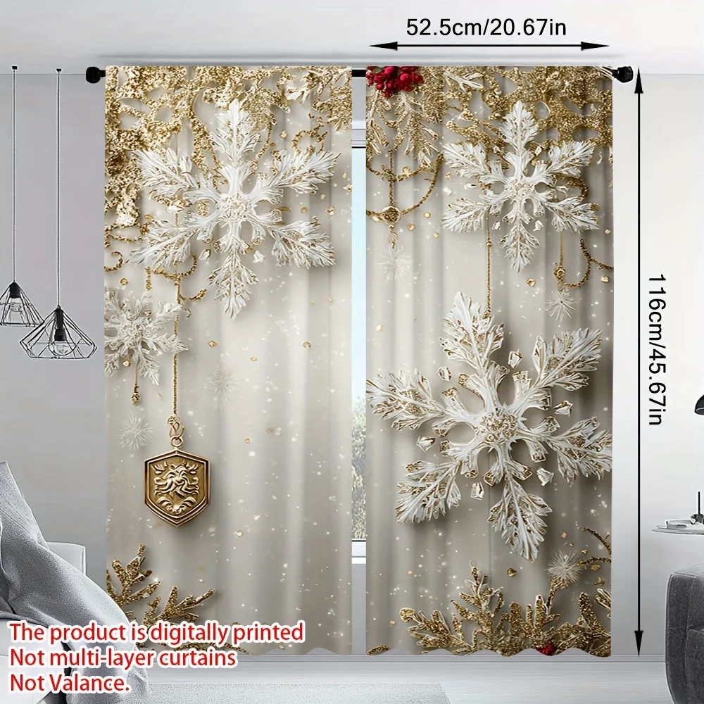 2 Pcs 2D White & Gold Snowflake Sheer Curtains – Beige/White/Gold Winter Design for Bedroom Living Room Office