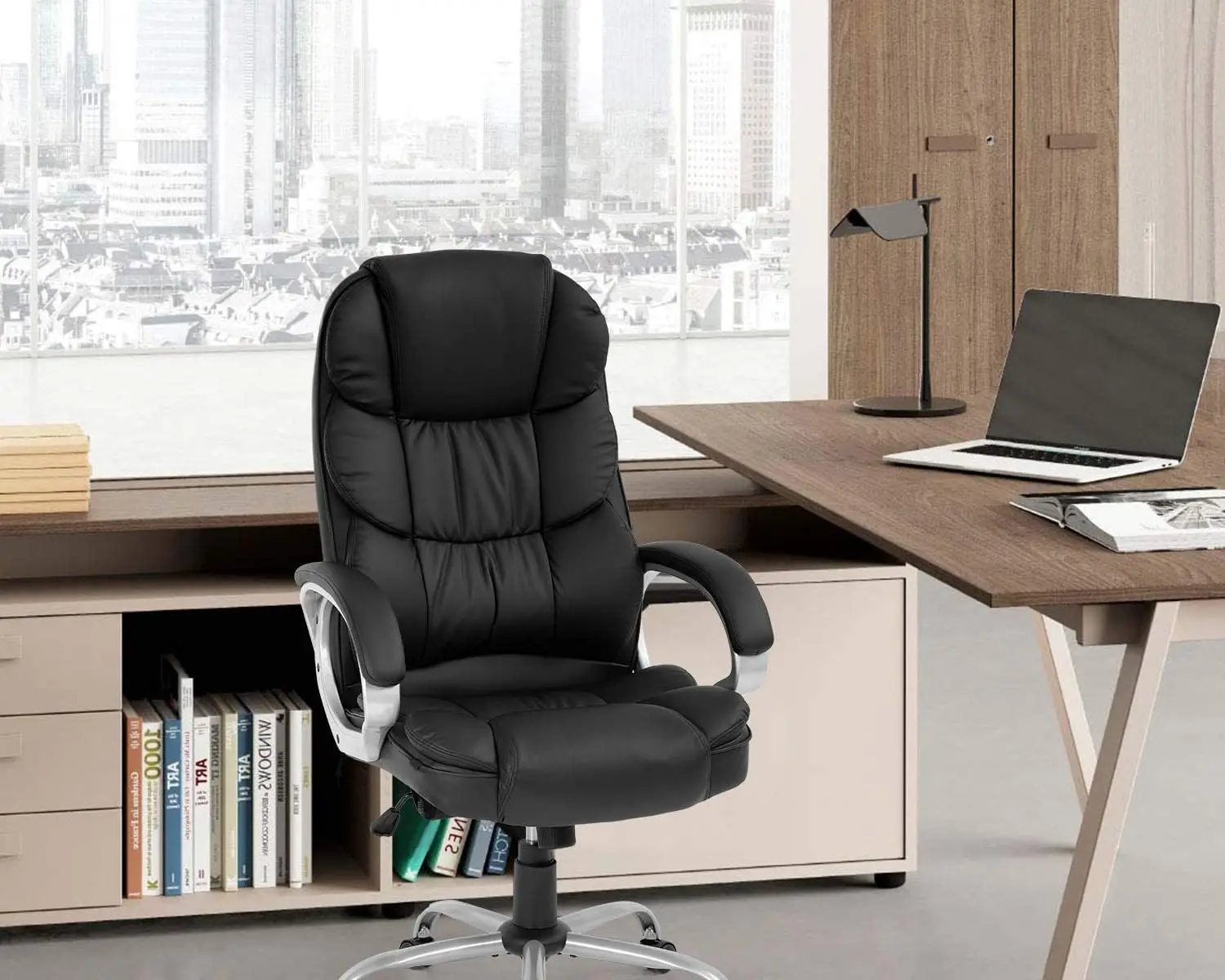 

Office Chair Computer High Back Adjustable Ergonomic Desk Executive PU Leather Swivel Task Chair with Armrests Lumbar Support