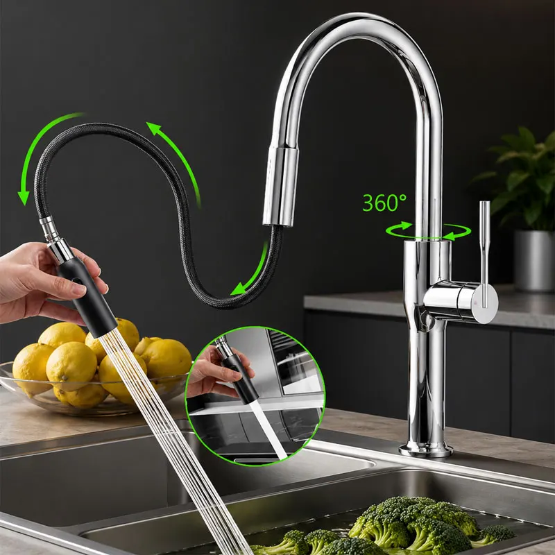 10-Year Warranty Kitchen Faucet Pull Down Sink Mixer Tap Hot Cold Water Kitchen Sink Faucet Deck Mount Single Handle Nozzle Taps