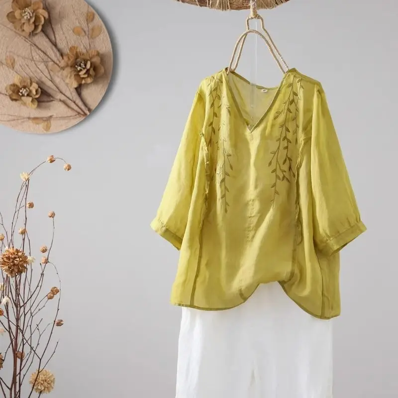 Cotton and Linen Female Embroidery Summer Loose Temperament Vintage Solid Color Shirt Thin Style All-match V-neck Patchwork Tops