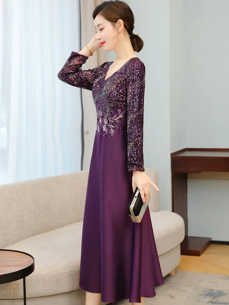 Mother Of The Bride Dresses Long Sleeve Sequin Embroidery Appliques Elegant Dress Women For Wedding Party Female Formal Dresses