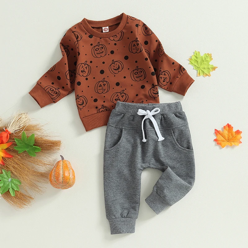 

Infant Halloween Costume Set Long Sleeve Pumpkin Print Sweatshirt Pants Toddler Outfit with Dots for Boys