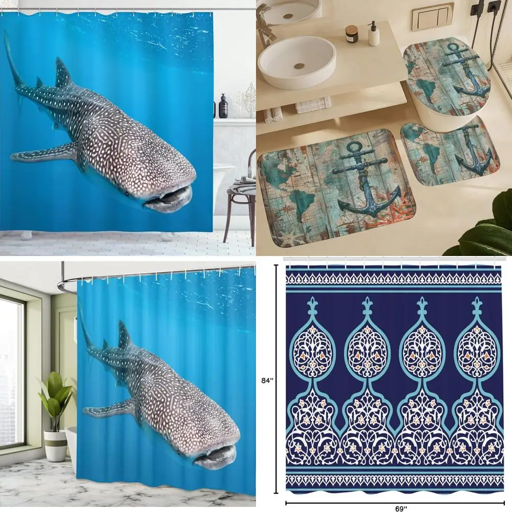 

Занавеска для душа из океанской жизни: деревенская китовая акула в глубине с морскими хищниками