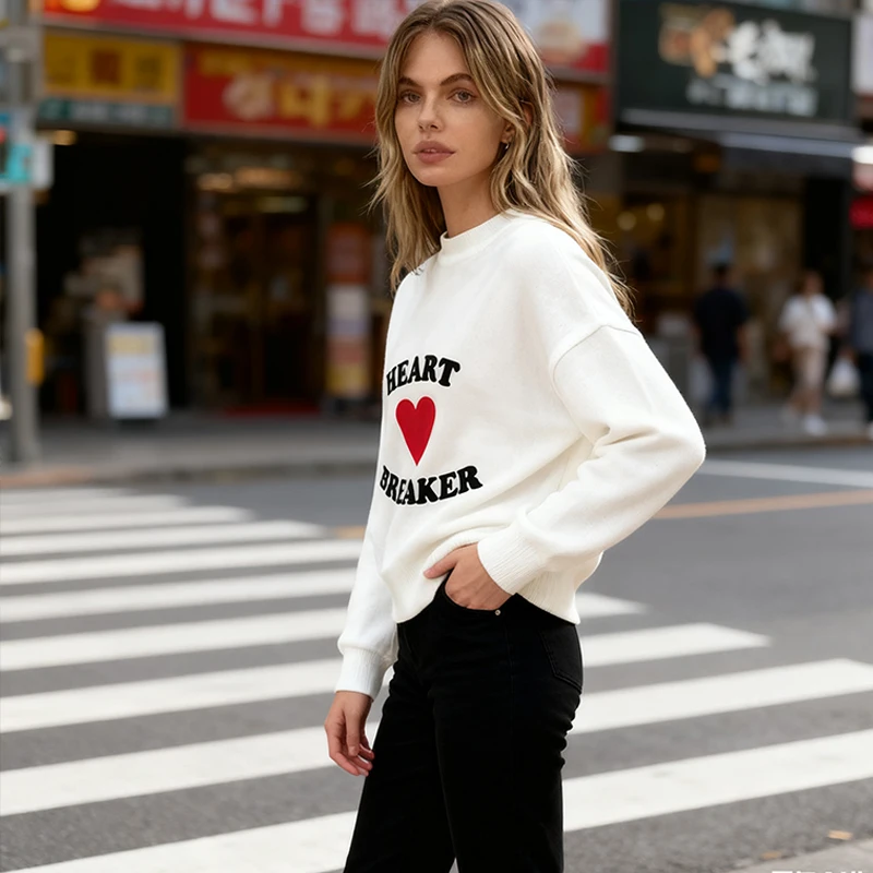 

Уличная одежда, свободная женская толстовка в корейском стиле с буквенным сердцем, осенне-зимняя толстовка с круглым вырезом и принтом, удобная повседневная готическая толстовка