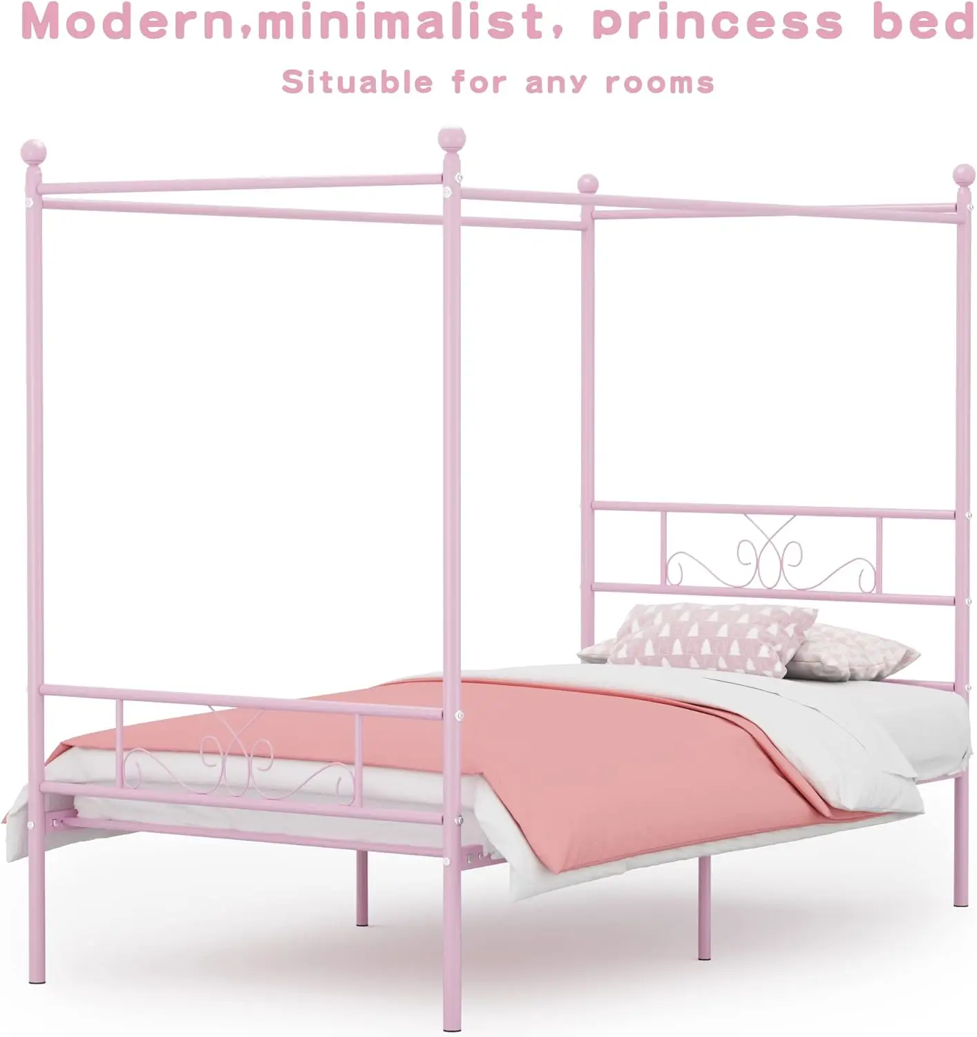 Twin hemelbedframe met hoofdeinde en voeteinde, 4-posters metalen bedframe, geen boxspring nodig, matrasfundering