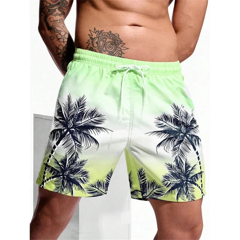 Summer Hawaiian shorts, loose board shorts, retro plant pattern beach shorts, men's coconut tree 3D printed swim trunks