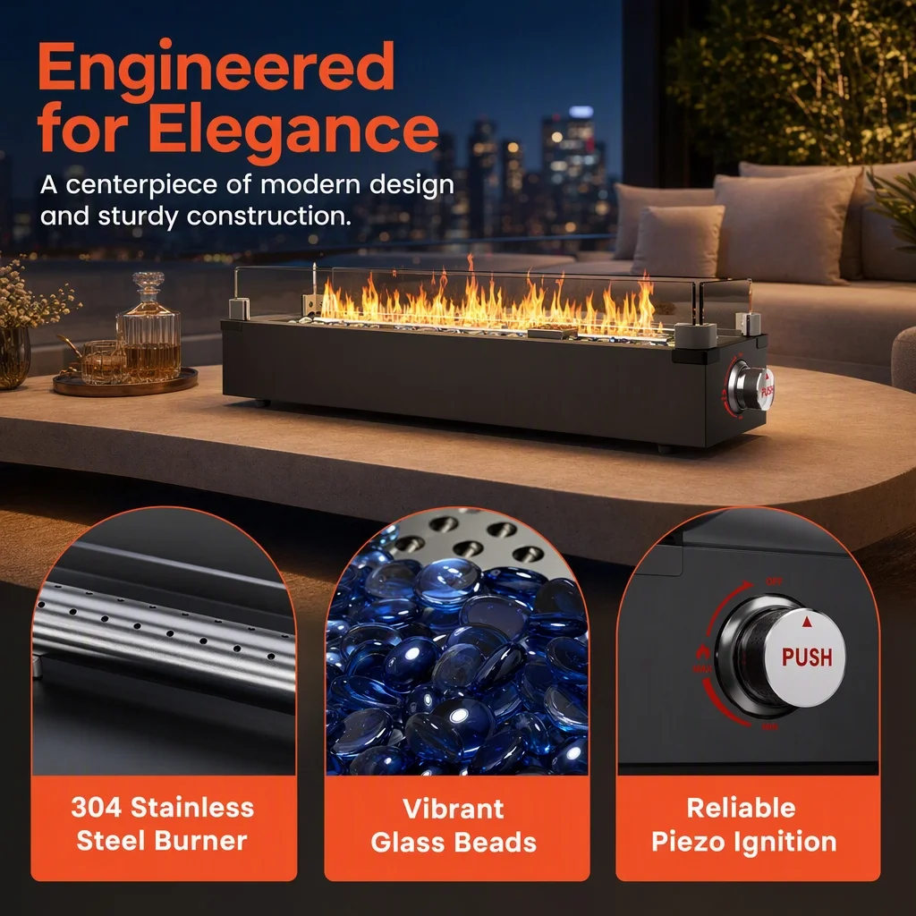 28 Inch Tabletop Propane Fire Pit, 50,000 BTU Portable Outdoor Gas Firepit with Glass Wind Guard & Blue Glass Beads, Table‑Top Fireplace for Patio Deck Camping