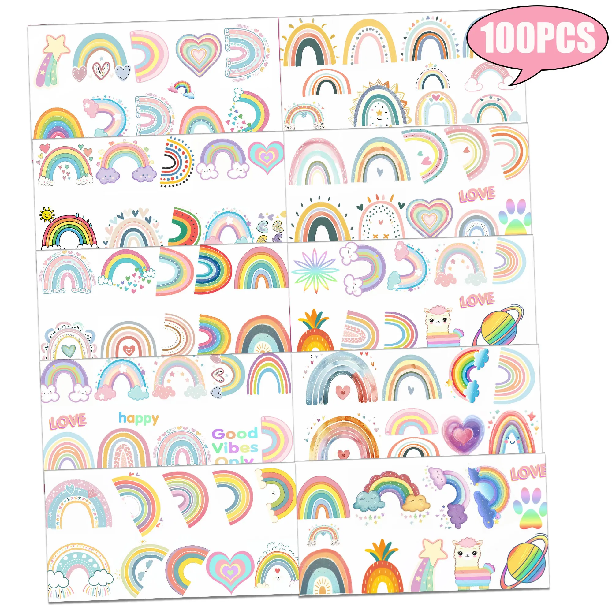 100 PCS 10 Sheet Pastel Rainbow Temporary Tattoos Boho Rainbow Birthday Party Favors Fake Tattoo Rainbow