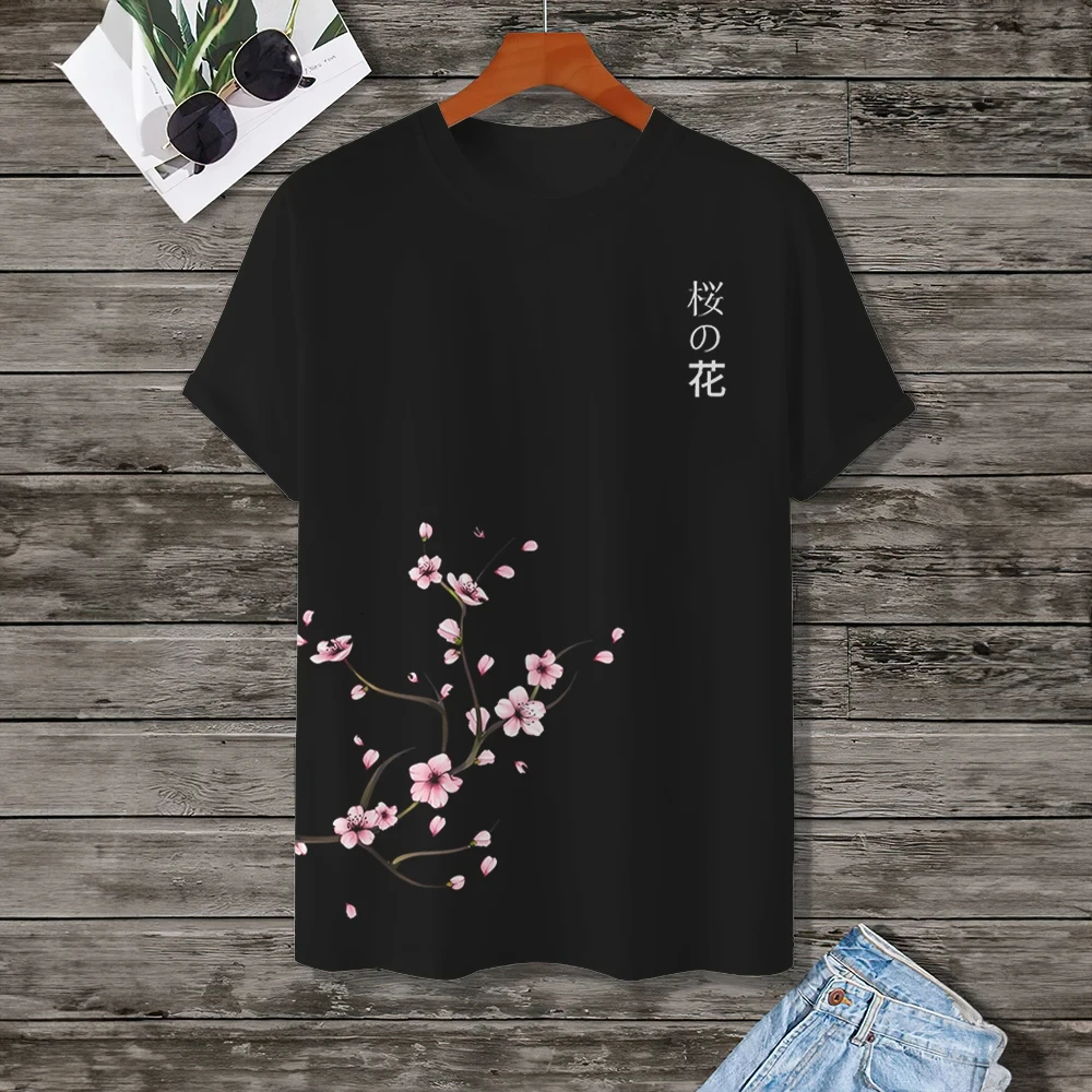 Cherry blossom pattern clothing, men\'s fashion short-sleeved top, Japanese street O-neck T-shirt, summer