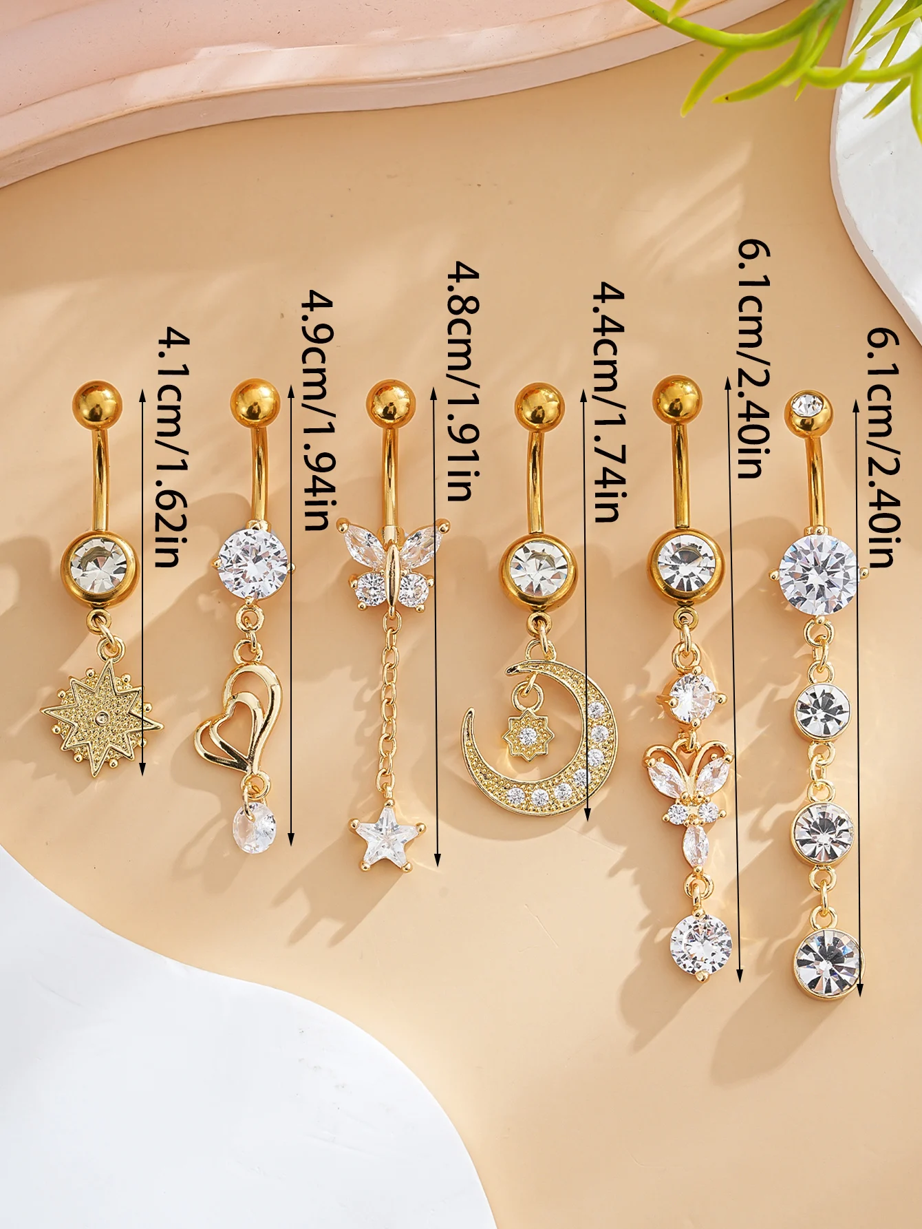 Gemischtes Bauchnabelpiercing-Set mit Blumen- und Herzanhängern, Gebogenes Nombril-Piercing-Schmuckset für Frauen und Mädchen – Detail 11