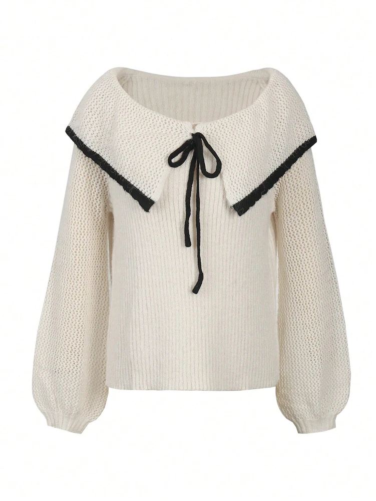 2025 Autumn/Winter New Arrivals Pre-Fall Colour-Block Peter Pan Collar Bow-Tie Pullover Lightweight Long-Sleeved Knitwear