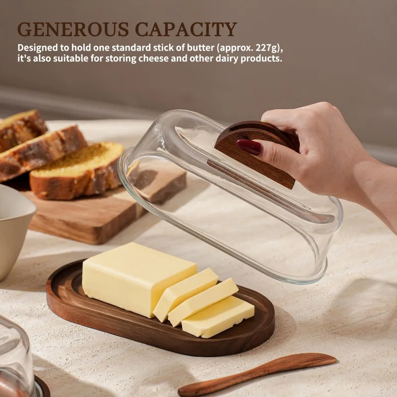 Butter Box Wooden Tray with Glass Lid Rectangular Butter Storage Container for Dessert Cake Cheese Serving Holder Butter