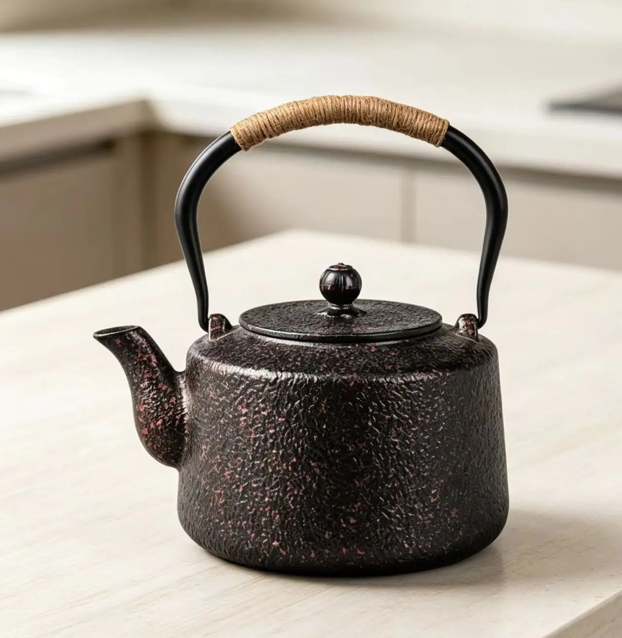 Japanese-style Speckled Glaze Cast Iron Tea Kettle, Handmade Uncoated Pig Iron Kettle with Strainer, Stovetop Tea Kettle, 1.4L