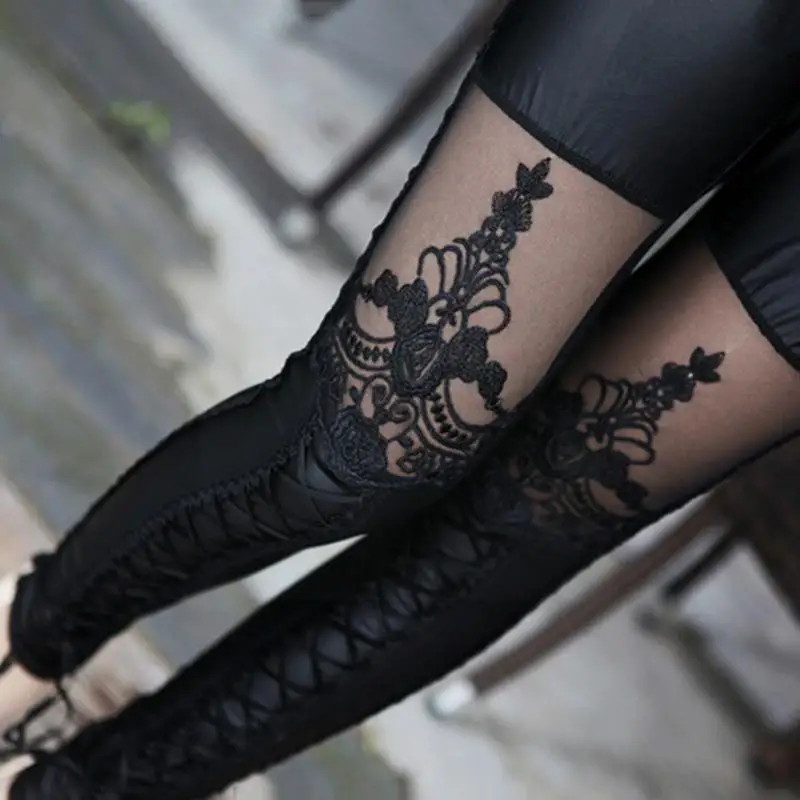 Frauen Gothic Leggings sexy Kunstleder Spitze Leggings Qualität schwarz Blumen hose Hose Punk Leder Spitze schlank sexy dünn e3h6