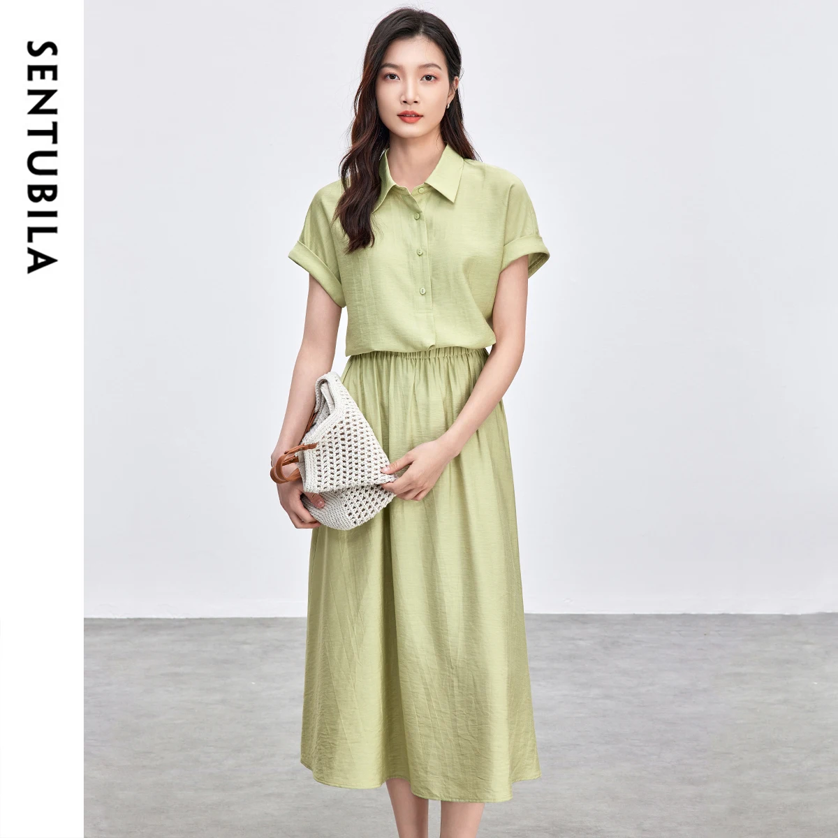 

SENTUBILA Womens Dresses Two Piece Set 2025 Summer Elegant Commuting Collar Raglan Sleeve Shirt Waisted A-Line Skirt 152Z59168