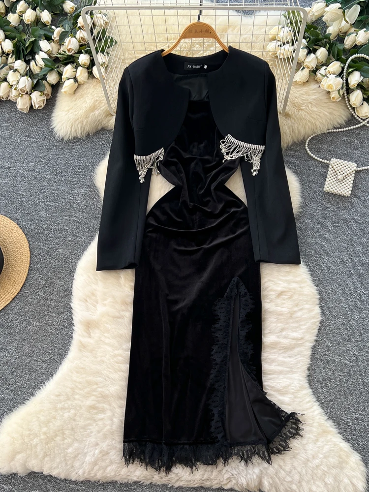 

Ele Bla Velvet Lace Trim Belted ter Dr with Tassel Suit Jaet Women's Faion Set High Waist Regular Sve Length