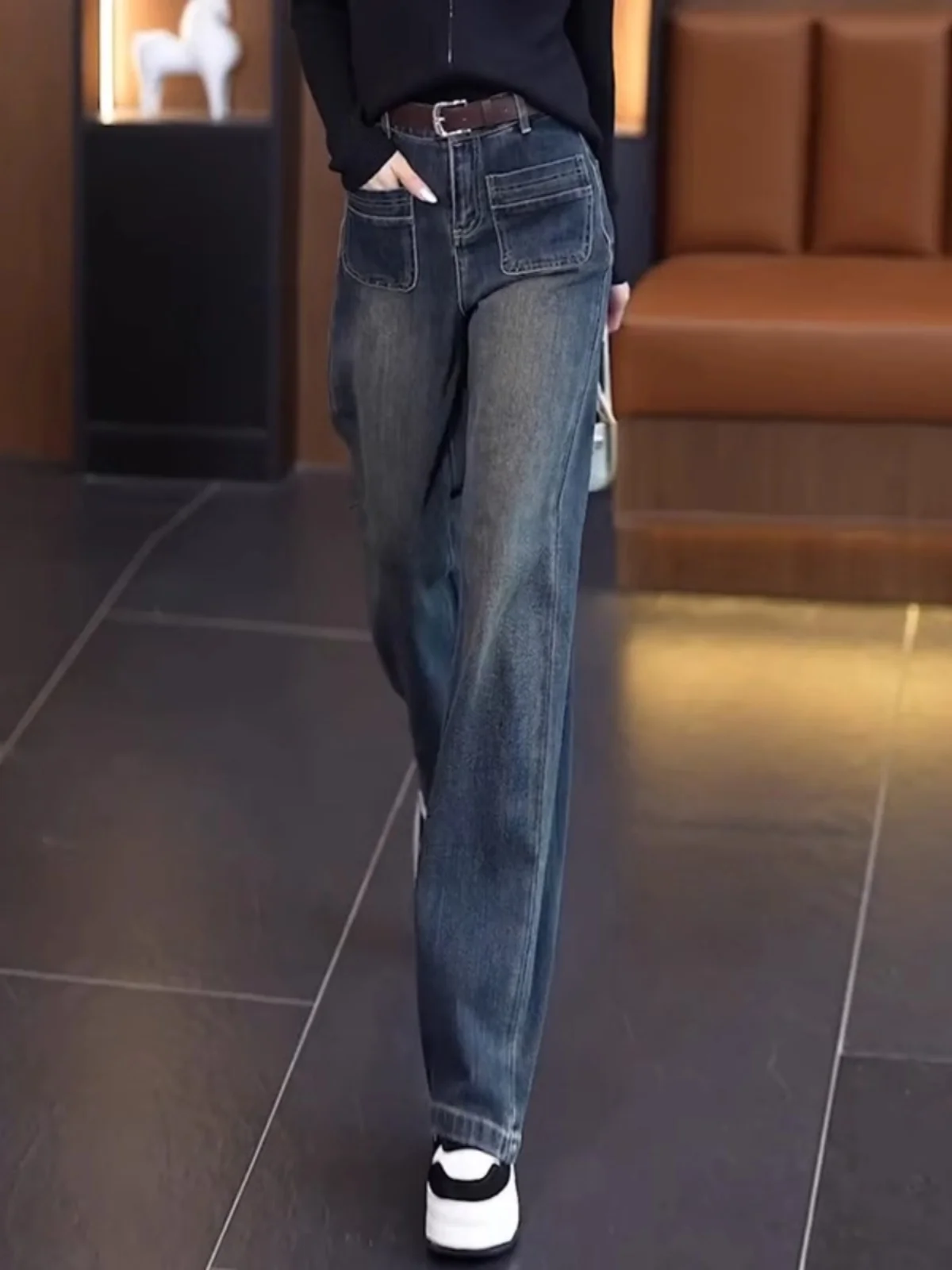 

High Waist Straight Leg Cement ey Denim Jeans Women's Spring Autumn Loose Slimming Wide Leg Pants Thiened Long Trousers