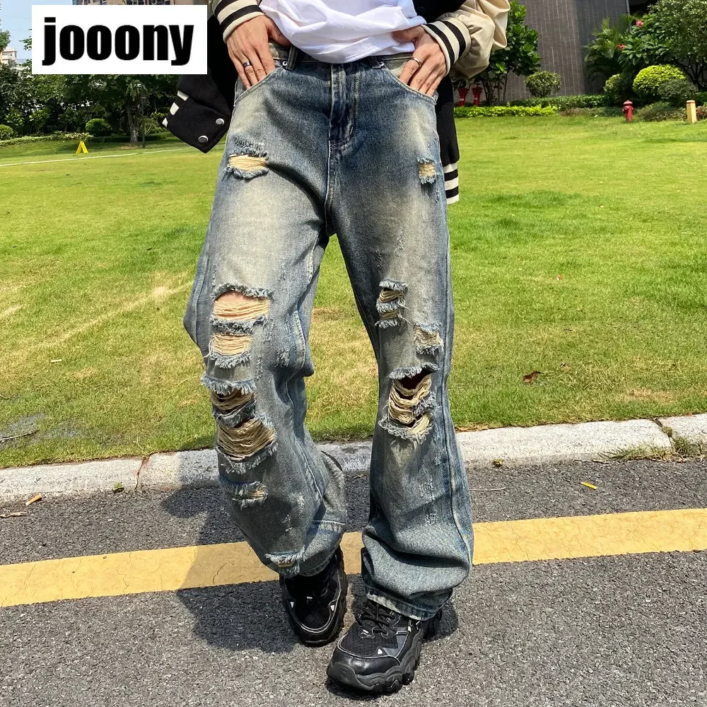 

2022 Autumn men's wear casual retro Korean stytle fashion vintage jeans new personalized straight tube hole High Street trousers