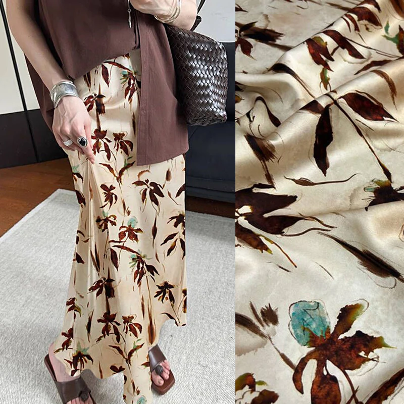 

Silk Satin Fabric with Brown Floral Printed Design-140CM Width,20MM Thick,Soft Stretch Fabric for Summer Dress Pants D1630