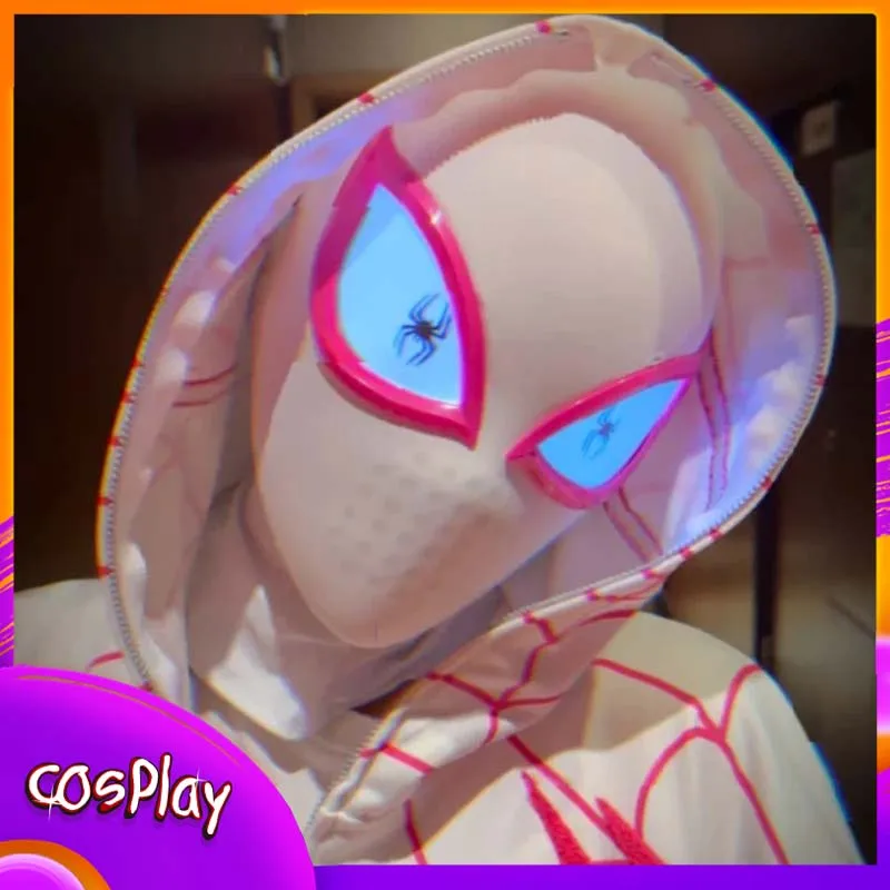 

Маска Человека-паука Гвен Стейси со светом, для косплея на Хэллоуин, реквизит для костюмов, маска супергероя из фильма, масштаб 1:1, носимая, подарок
