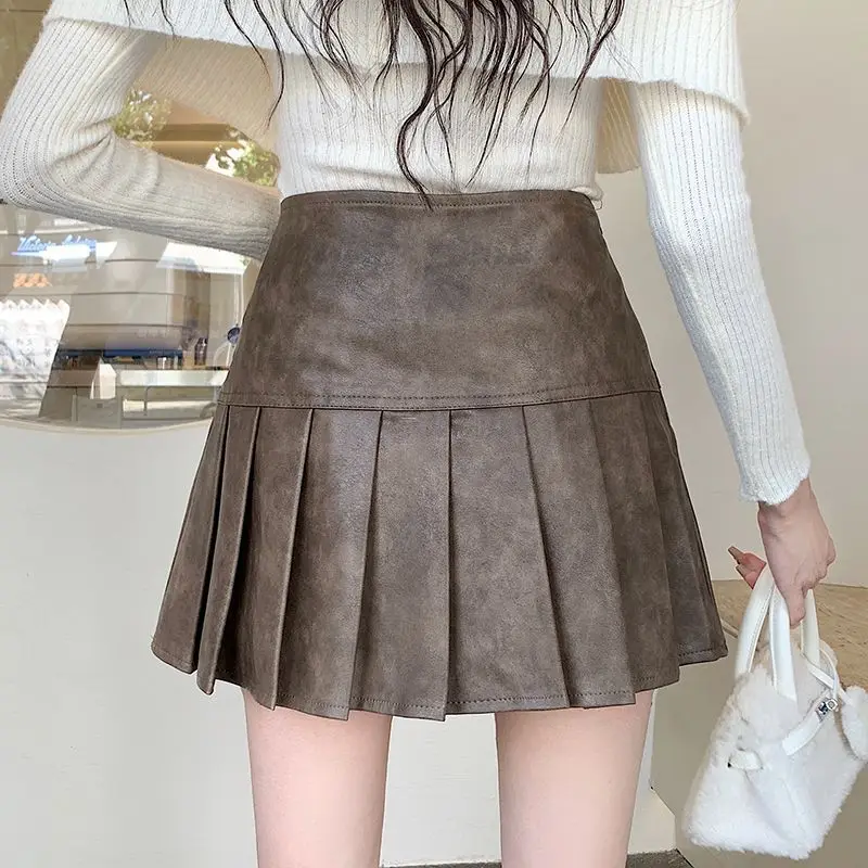 Rok A-Line kulit wanita, rok A-Line kulit hitam lipit Y2k Harajuku Korea Vintage estetika Mini rok pinggang tinggi