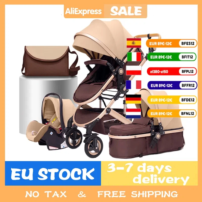 Luxurious Baby Stroller 3 in 1 Portable Travel Baby Carriage Fold Pram High Landscape Aluminum Frame Newborn Infant Stroller